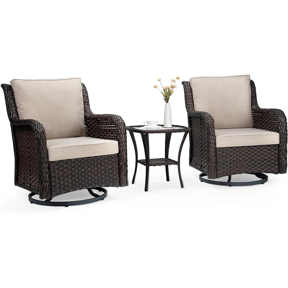 HiMISS 3-Piece Wicker Swivel Rocker Patio Set With Glass Table