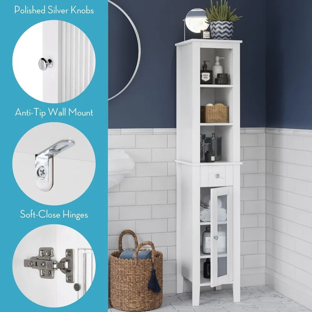 Slim Tall Bathroom Storage Cabinet With Glass Door And Drawer