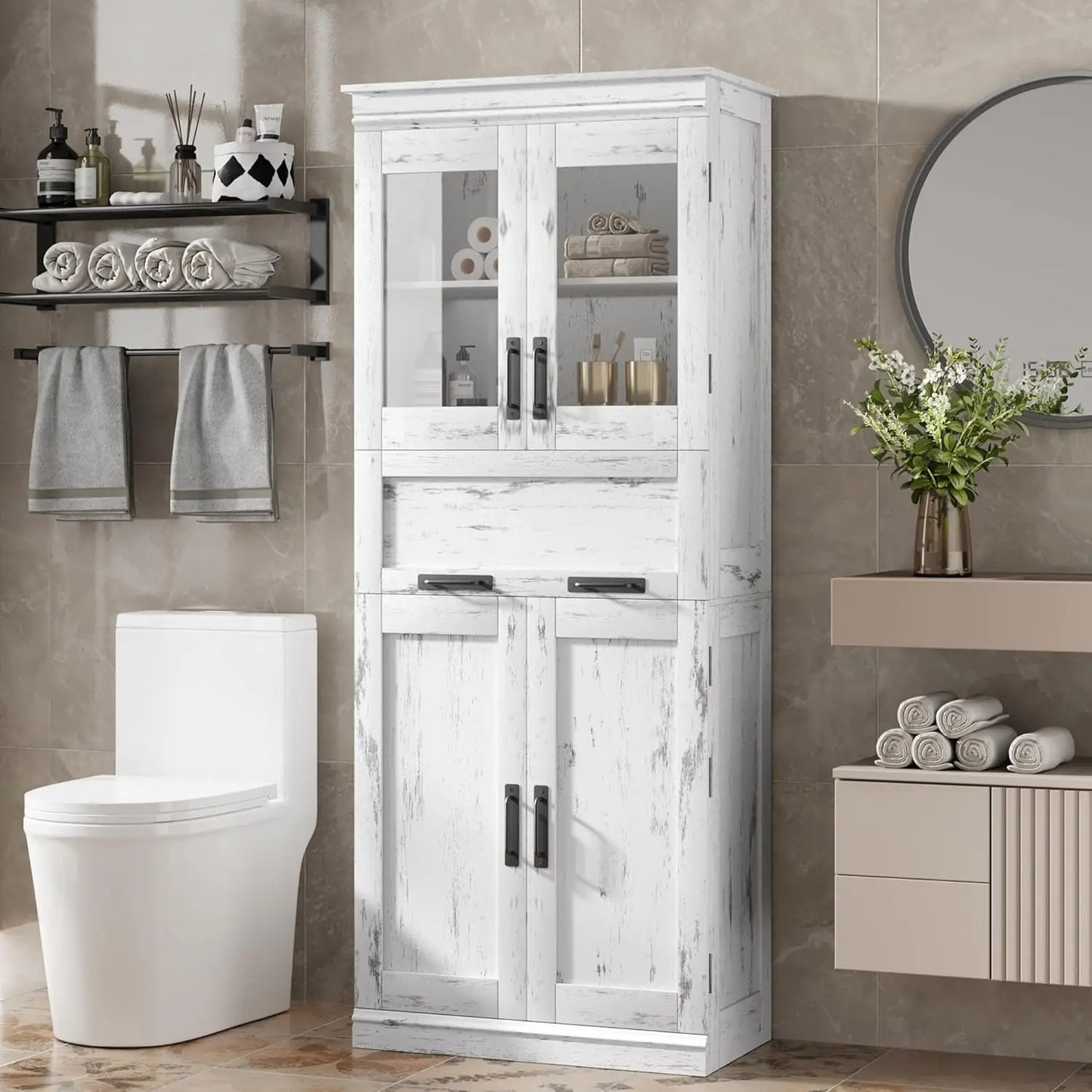 Freestanding Bathroom Cabinet With Glass Doors And Adjustable Drawers