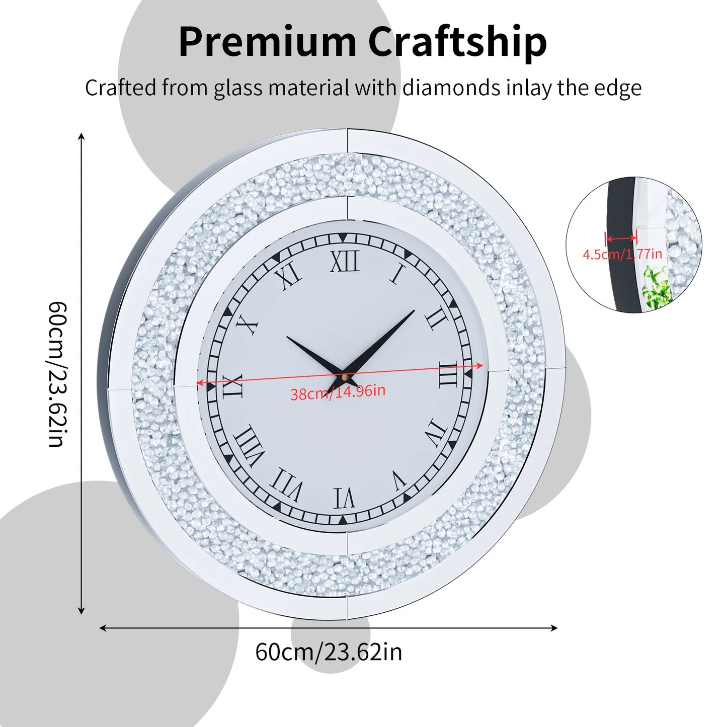 Bling Round Mirror Clock for Wall Decor and Home Ambience