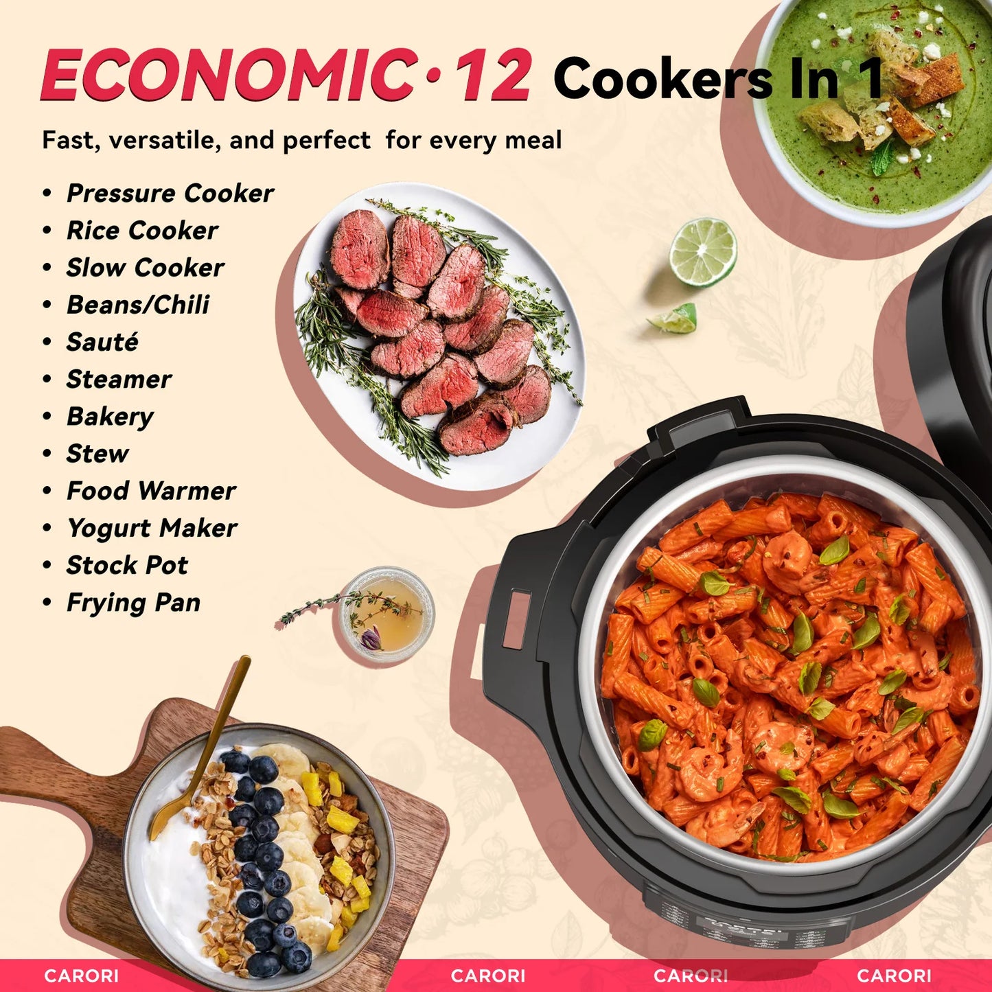 Carori 1200W 12-In-1 Electric Pressure Cooker Multi-Function Steamer