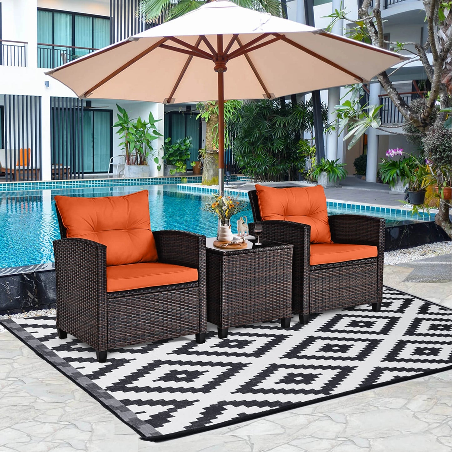 HOMASIS 3 Piece Patio Rattan Furniture Set Cushioned Conversation Set