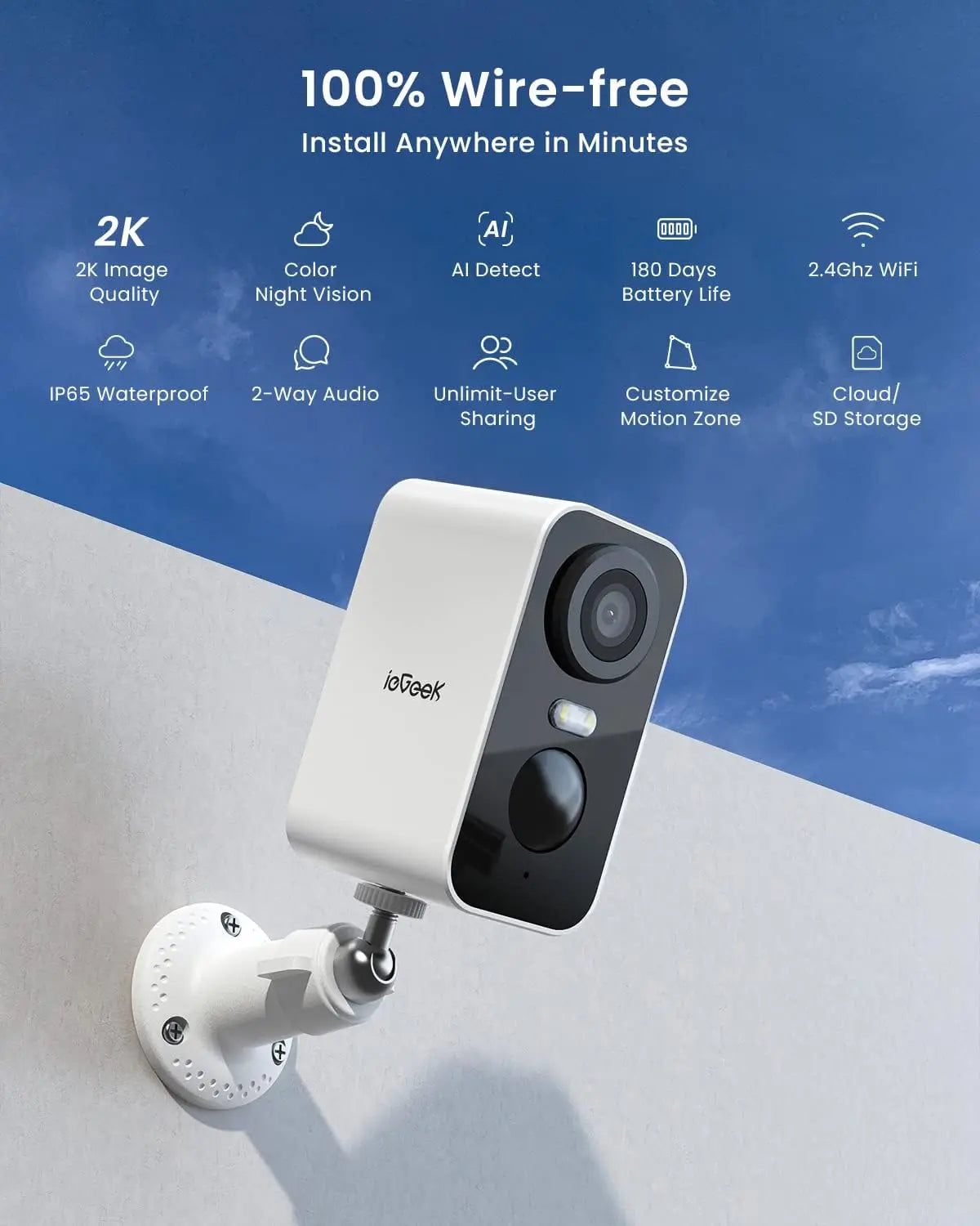 IEGEEK 2K Wireless Outdoor Security Camera Night Vision Rechargeable Battery