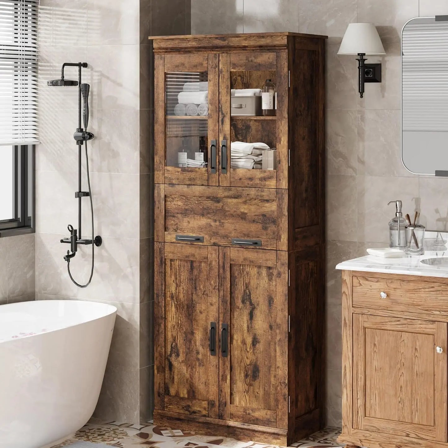 Freestanding Bathroom Cabinet With Glass Doors And Adjustable Drawers