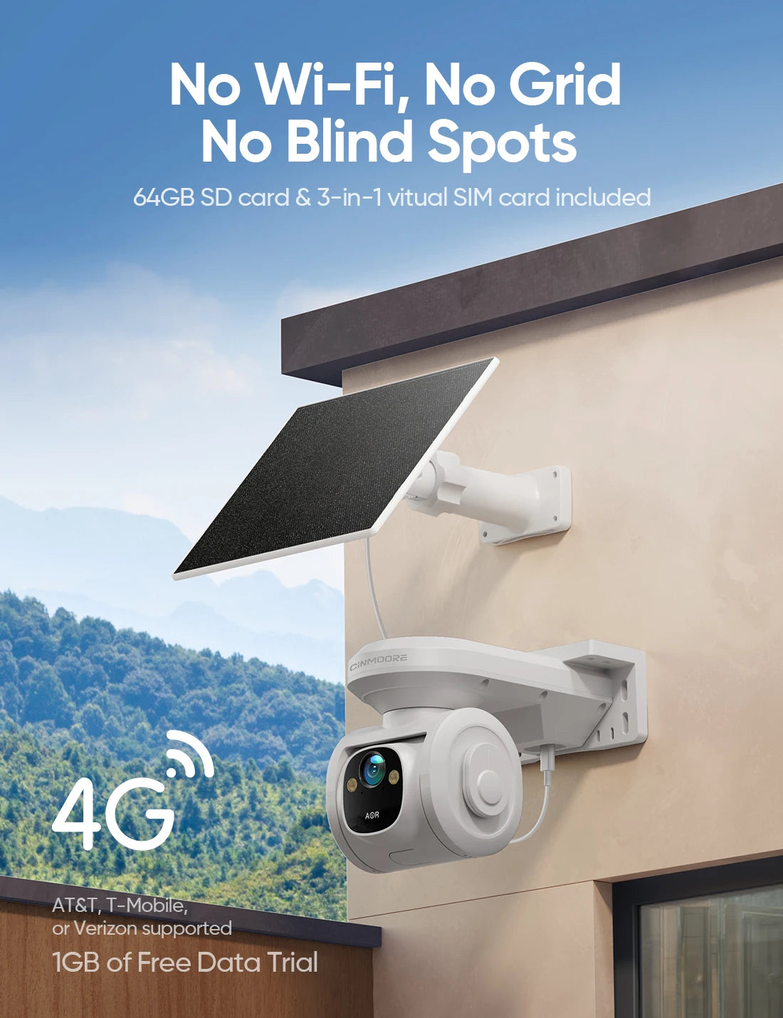 CINMOORE 4G LTE Solar Powered Outdoor Security Camera AI Surveillance