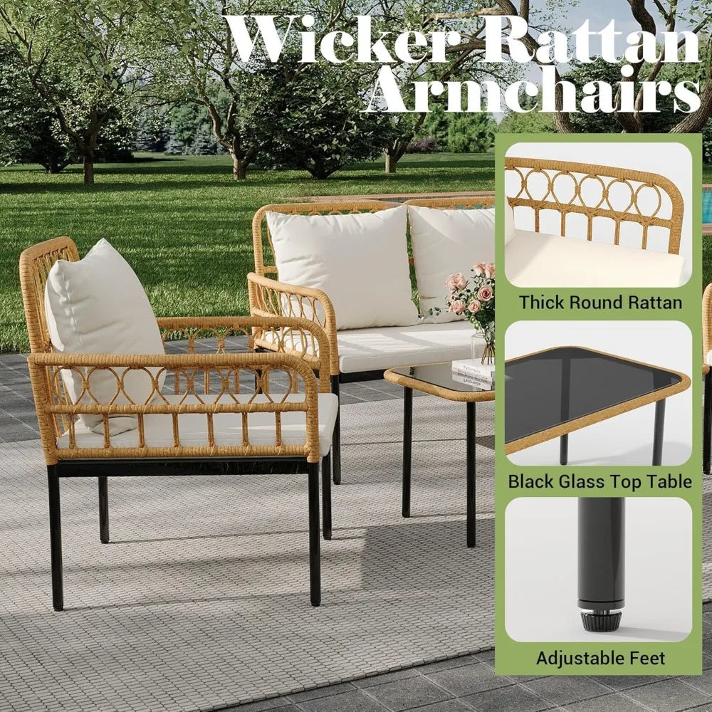 Outdoor Wicker Patio Furniture Set With Glass Table Thick Cushions