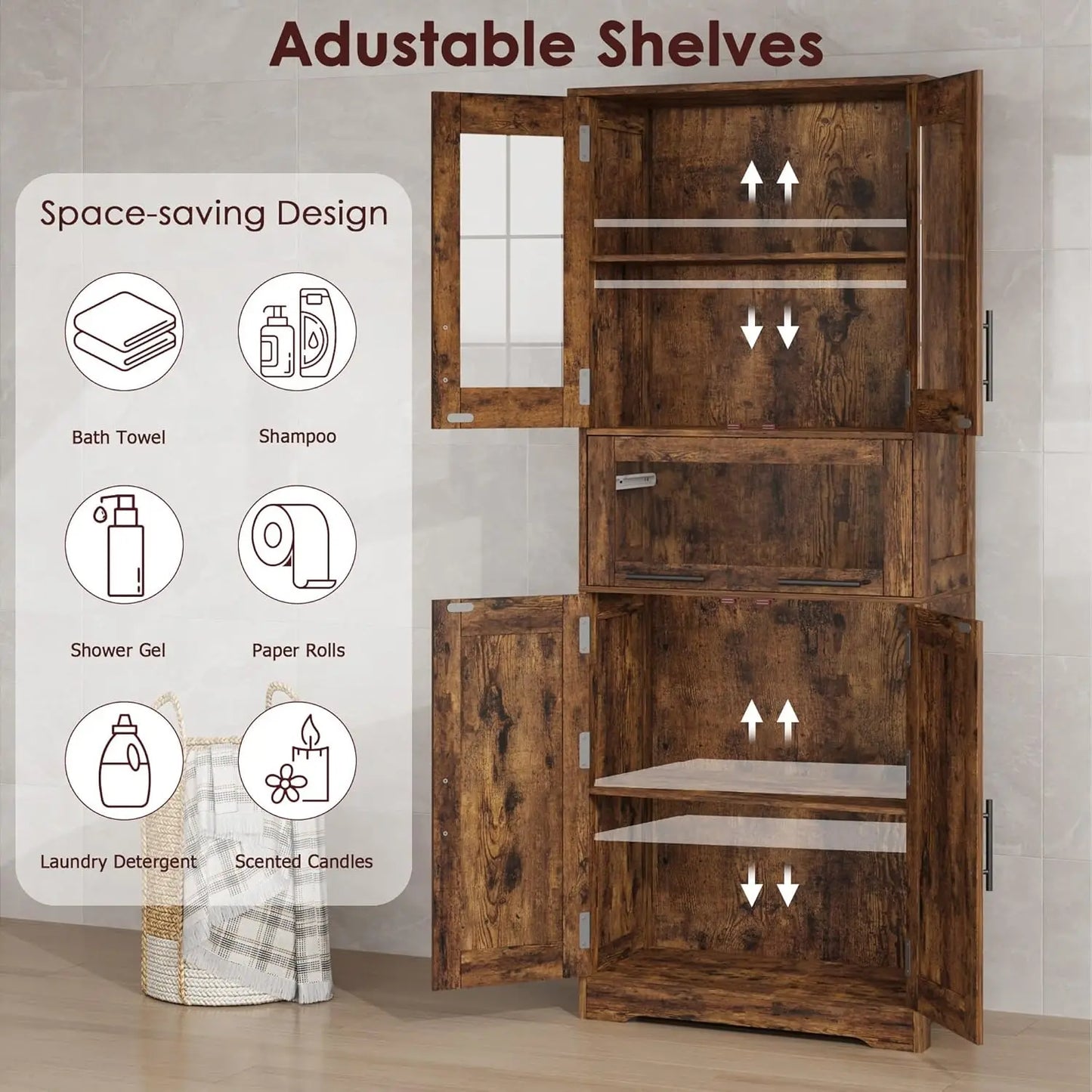 Freestanding Bathroom Cabinet With Glass Doors And Adjustable Drawers