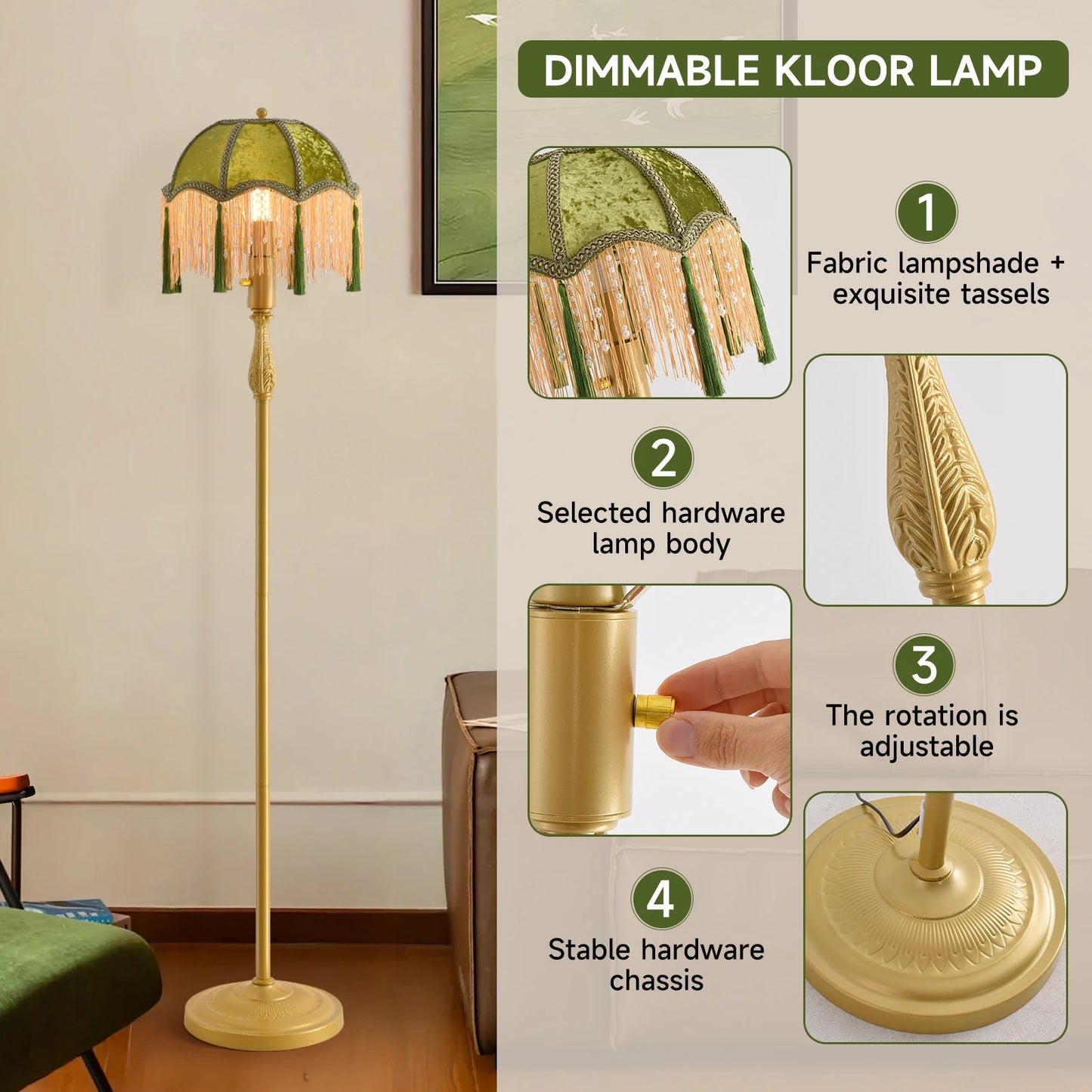 Retro Tassel Floor Lamp With Adjustable LED Night Light