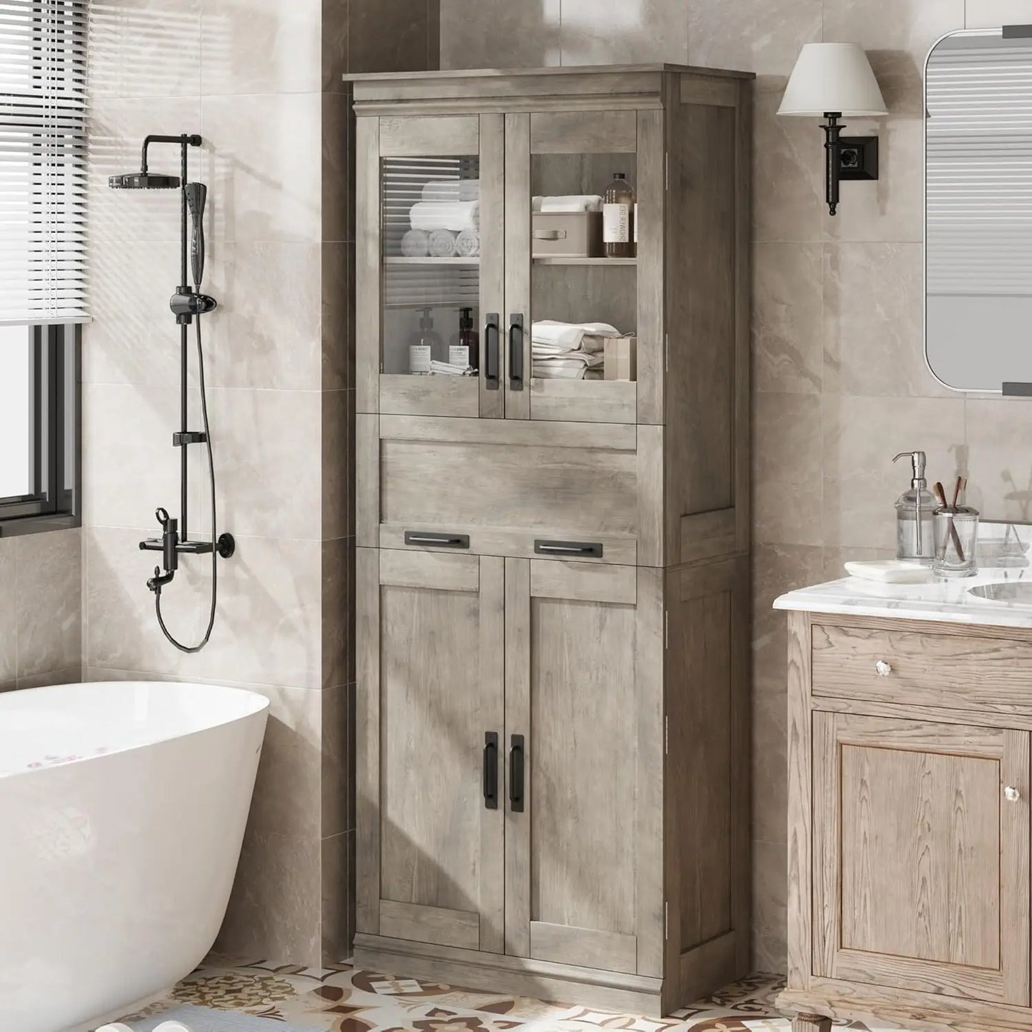 Freestanding Bathroom Cabinet With Glass Doors And Adjustable Drawers