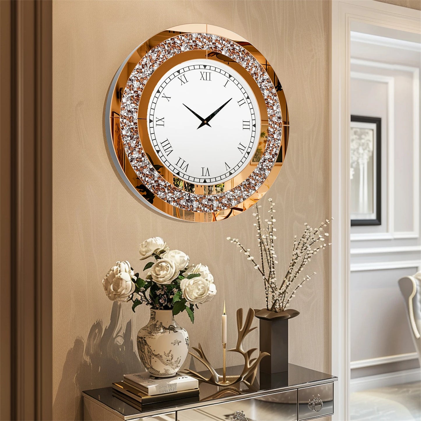 Bling Round Mirror Clock for Wall Decor and Home Ambience