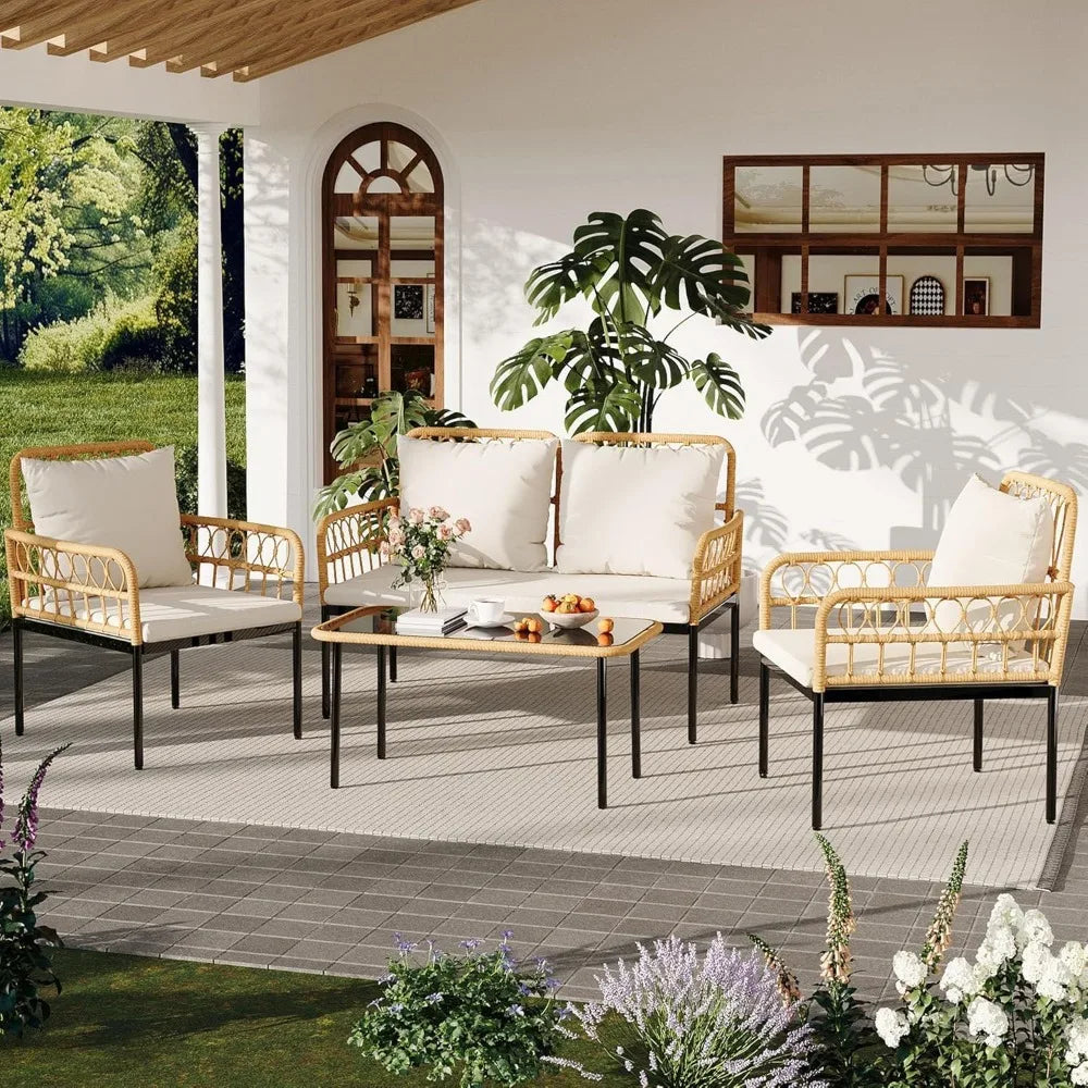Outdoor Wicker Patio Furniture Set With Glass Table Thick Cushions