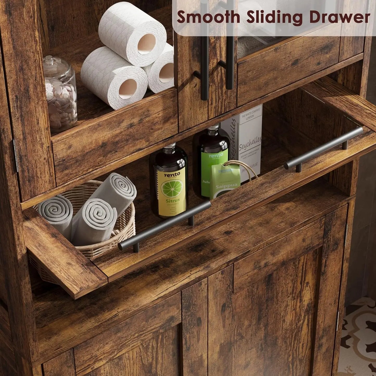 Freestanding Bathroom Cabinet With Glass Doors And Adjustable Drawers