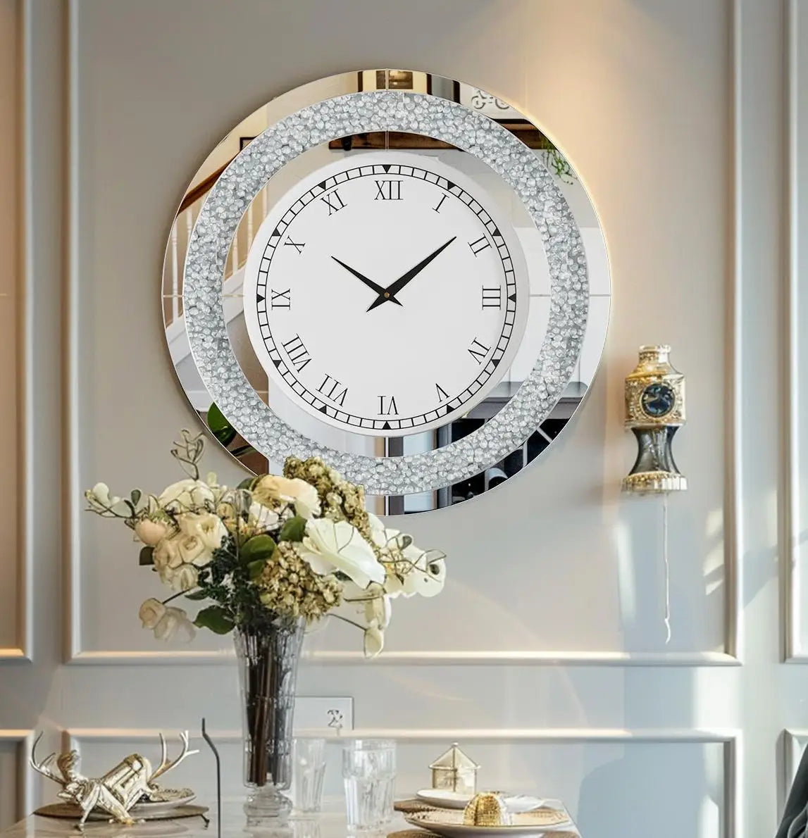 Bling Round Mirror Clock for Wall Decor and Home Ambience