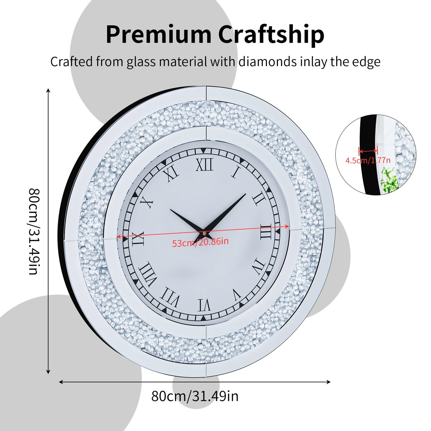 Bling Round Mirror Clock for Wall Decor and Home Ambience
