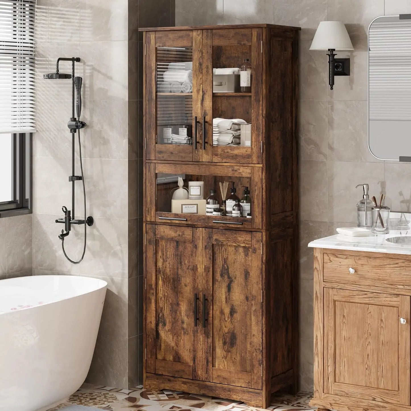 Freestanding Bathroom Cabinet With Glass Doors And Adjustable Drawers