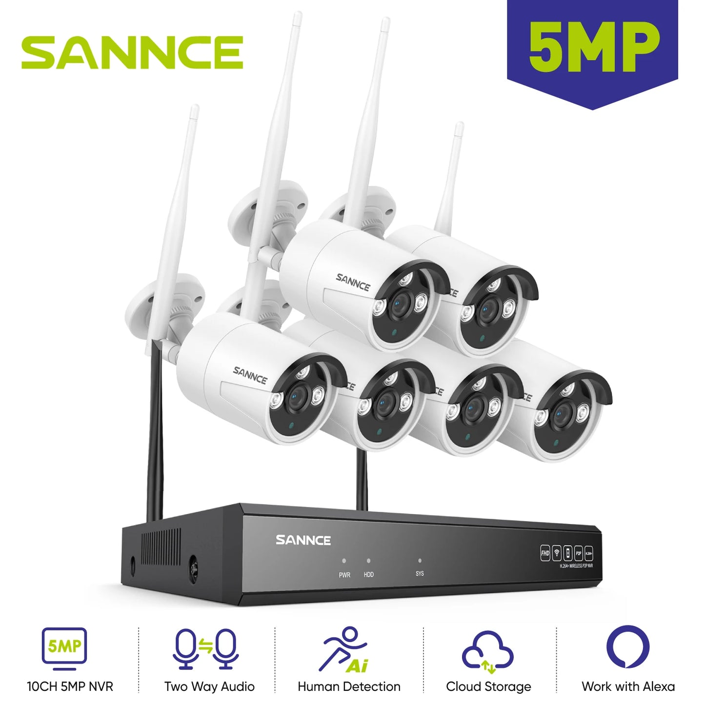 SANNCE 6-Pack 5MP WiFi Outdoor Cameras With 10-Channel NVR Kit