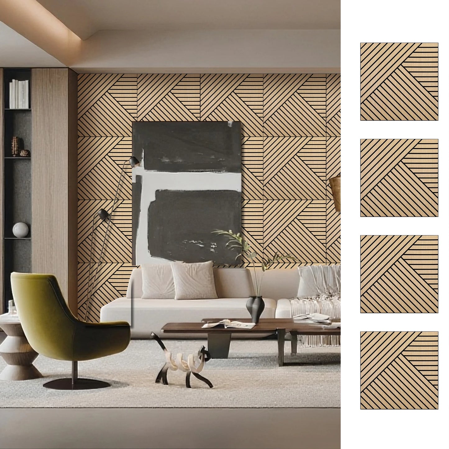 Hign-concerned 4-Pack Acoustic 3D Wood Slat Wall Panels Self-Adhesive