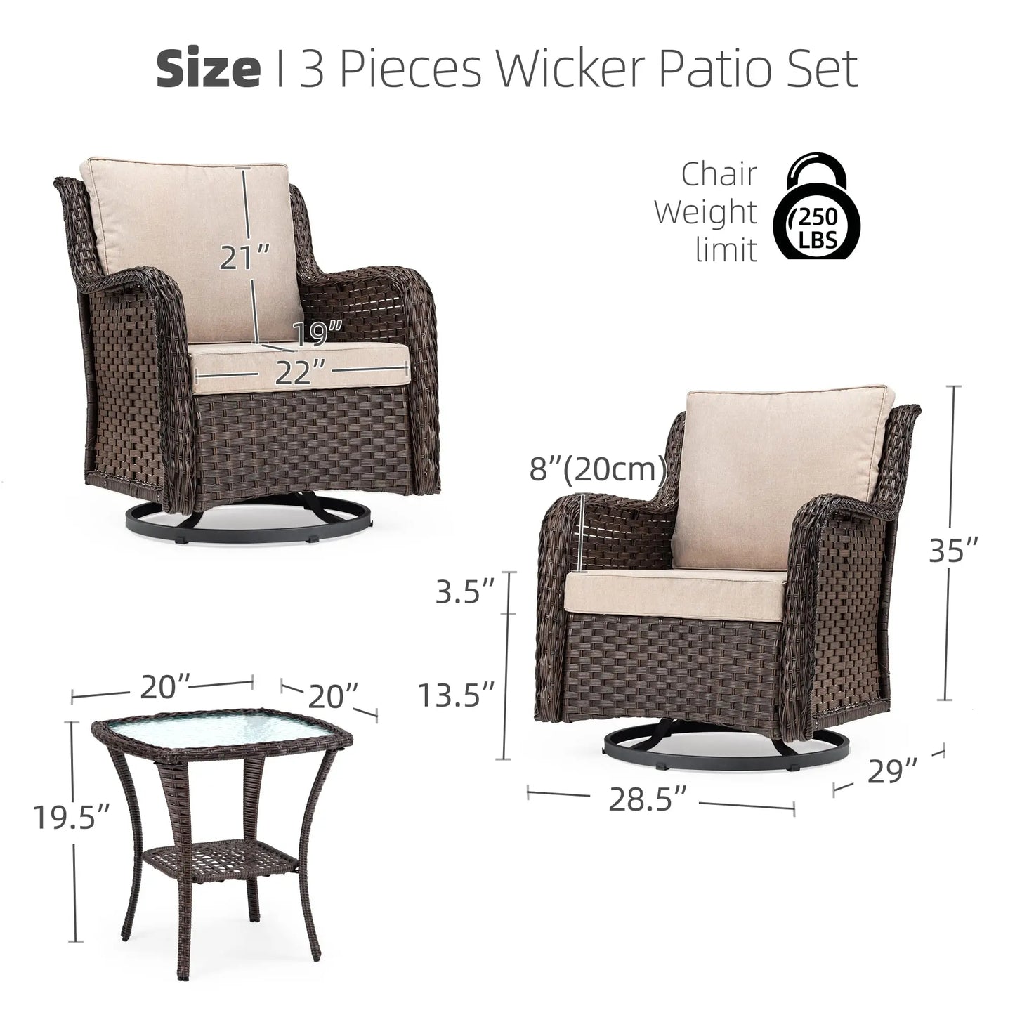 HiMISS 3-Piece Wicker Swivel Rocker Patio Set With Glass Table