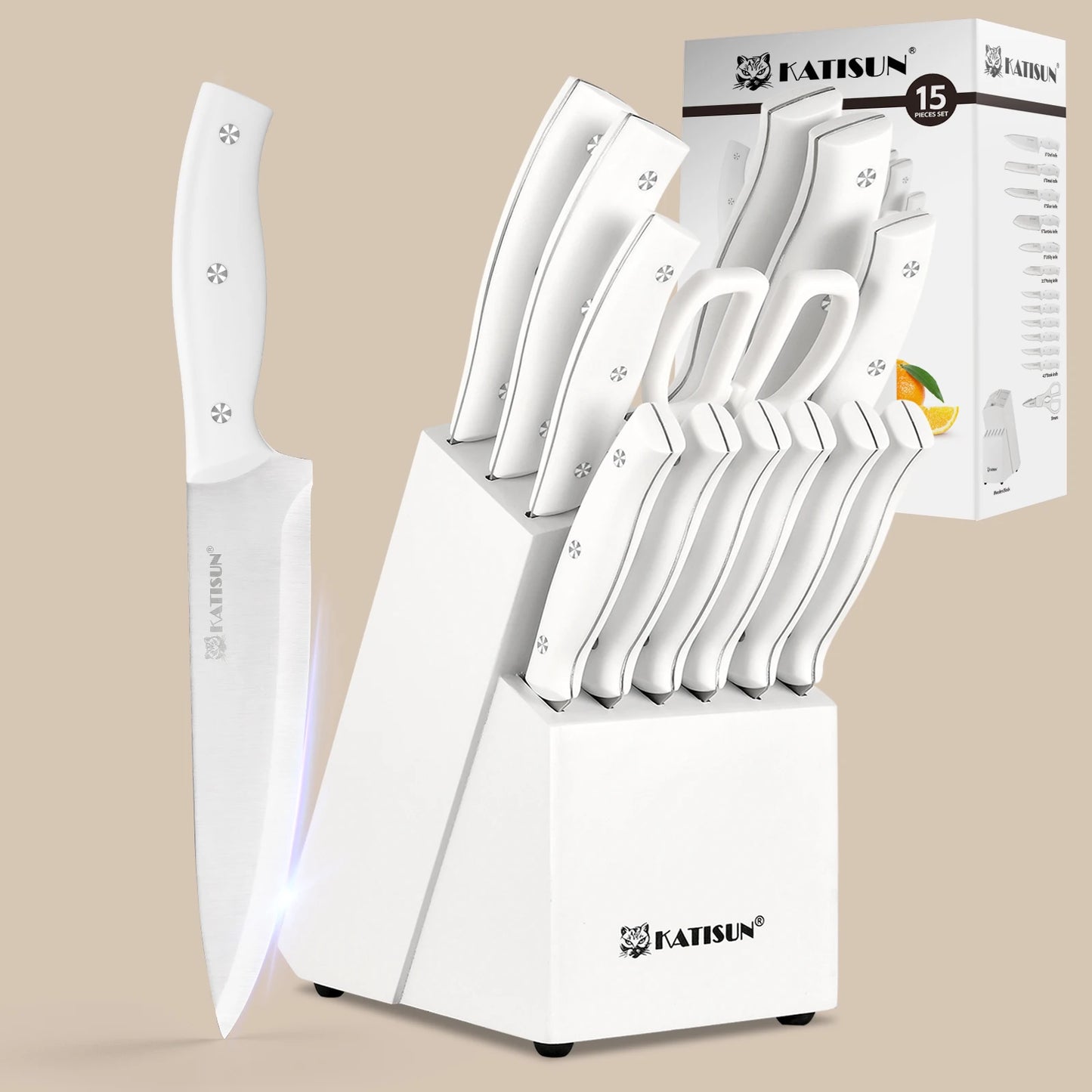 KATISUN Carbon Steel Knife Block Set Built In Sharpener