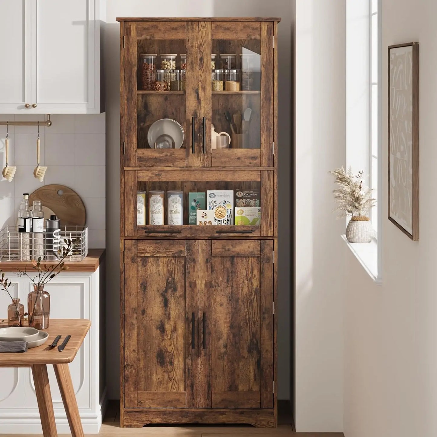 Freestanding Bathroom Cabinet With Glass Doors And Adjustable Drawers
