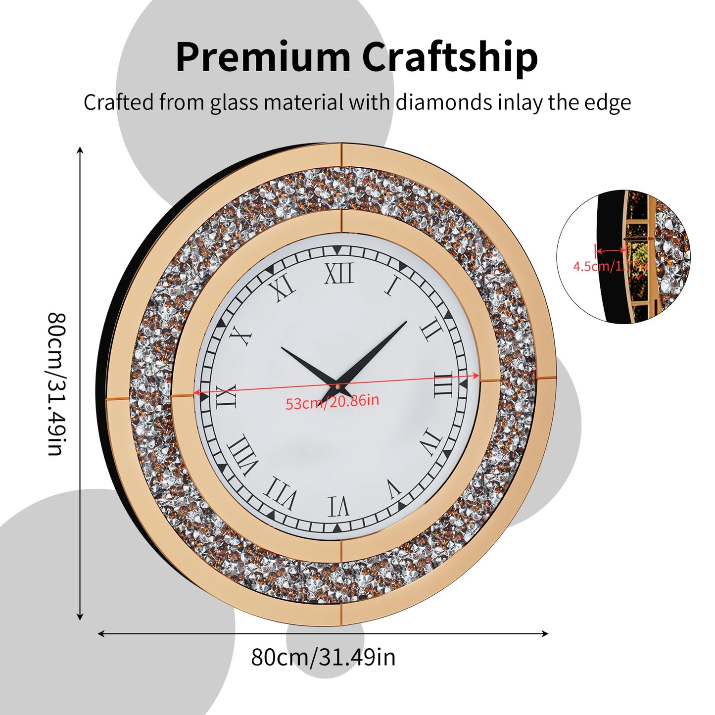 Bling Round Mirror Clock for Wall Decor and Home Ambience