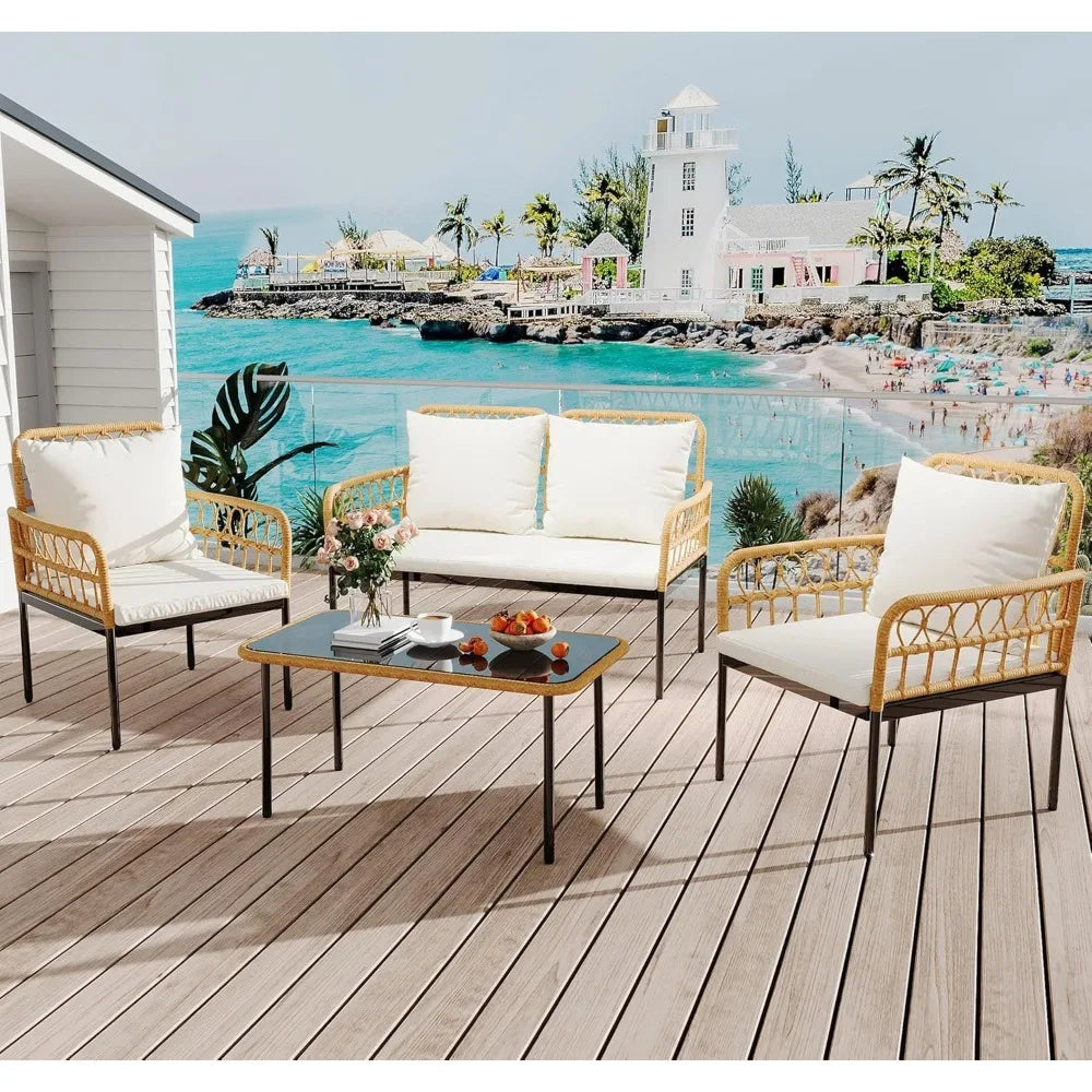 Outdoor Wicker Patio Furniture Set With Glass Table Thick Cushions