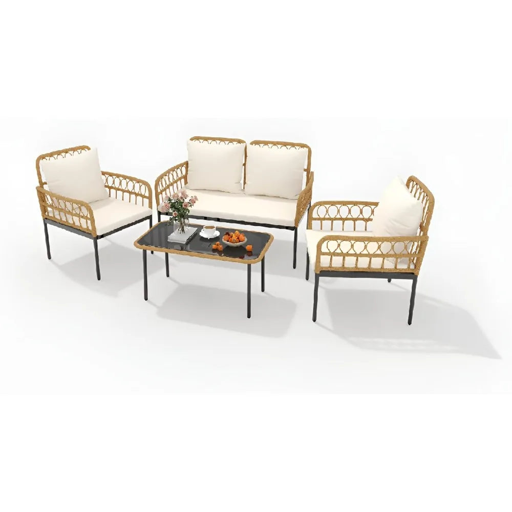 Outdoor Wicker Patio Furniture Set With Glass Table Thick Cushions