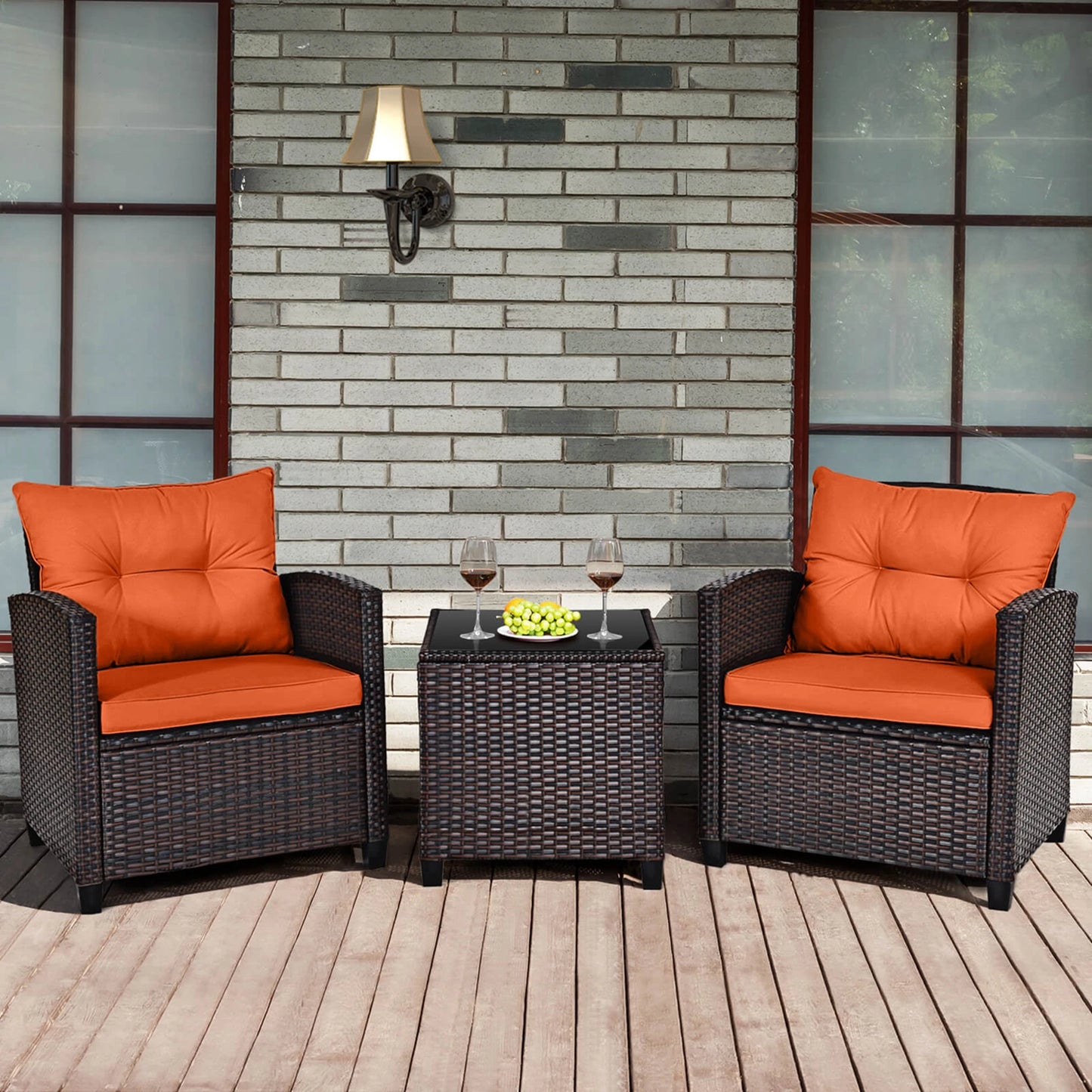 HOMASIS 3 Piece Patio Rattan Furniture Set Cushioned Conversation Set