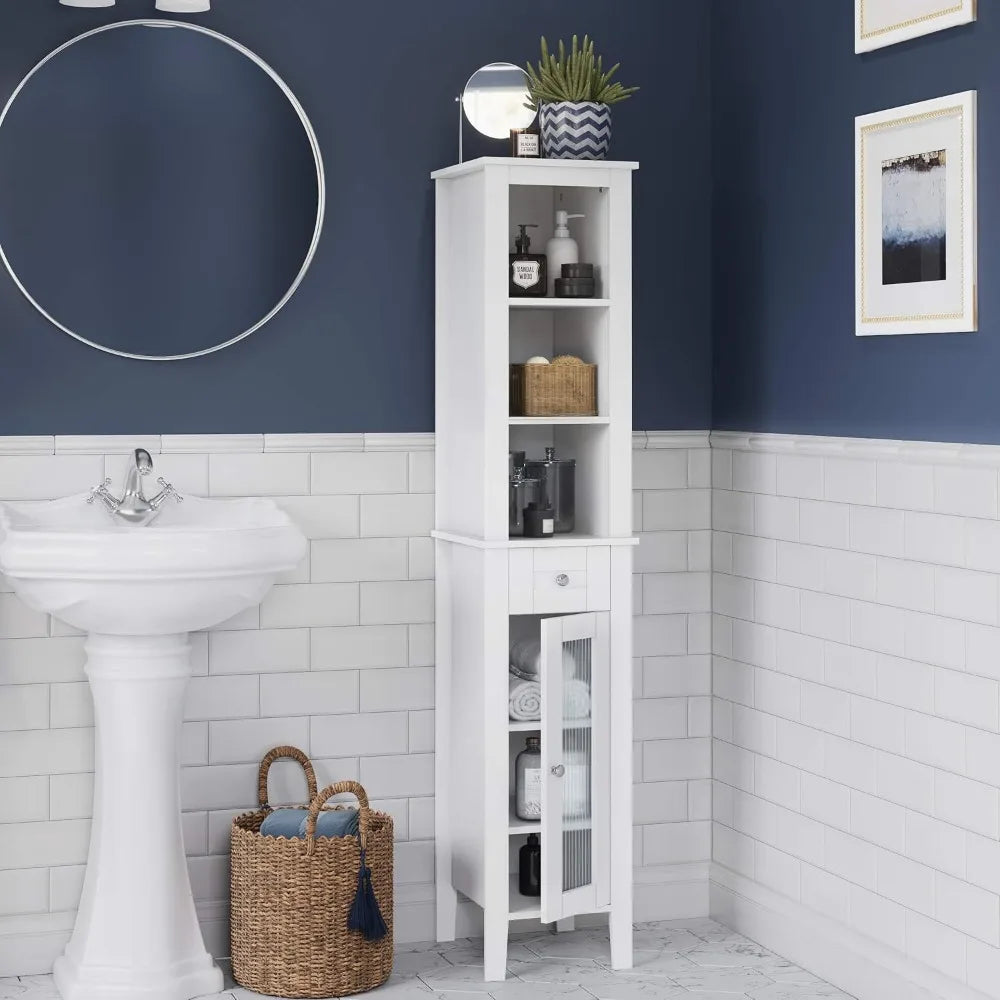 Slim Tall Bathroom Storage Cabinet With Glass Door And Drawer