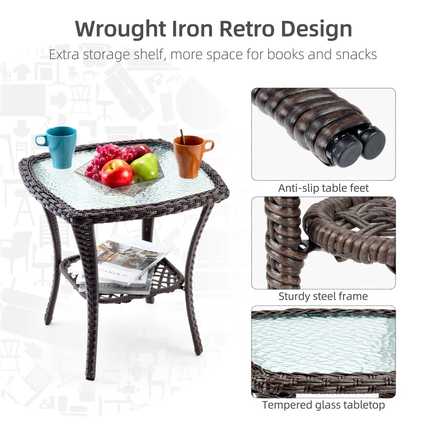 HiMISS 3-Piece Wicker Swivel Rocker Patio Set With Glass Table