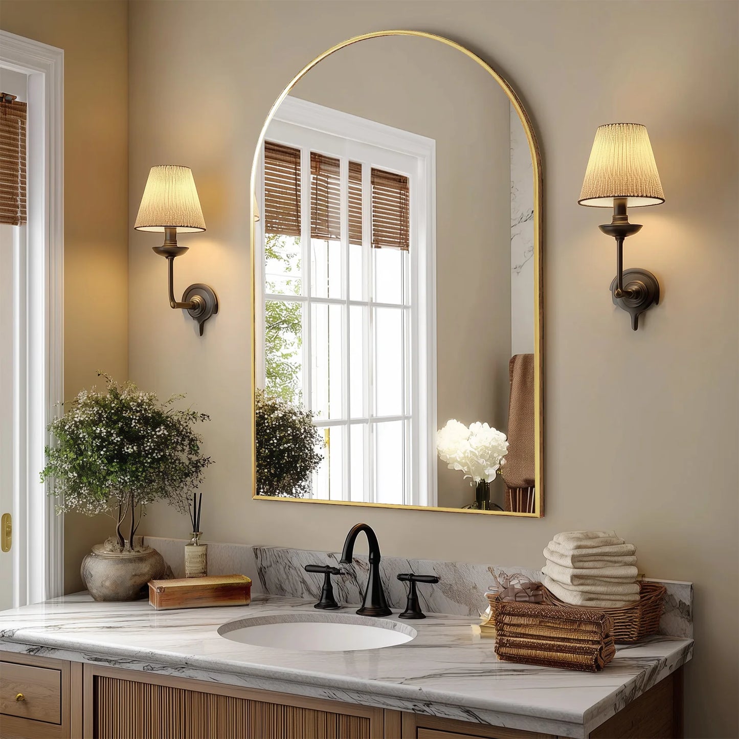 JHK Arched Metal Framed Bathroom Mirror Wall Mount