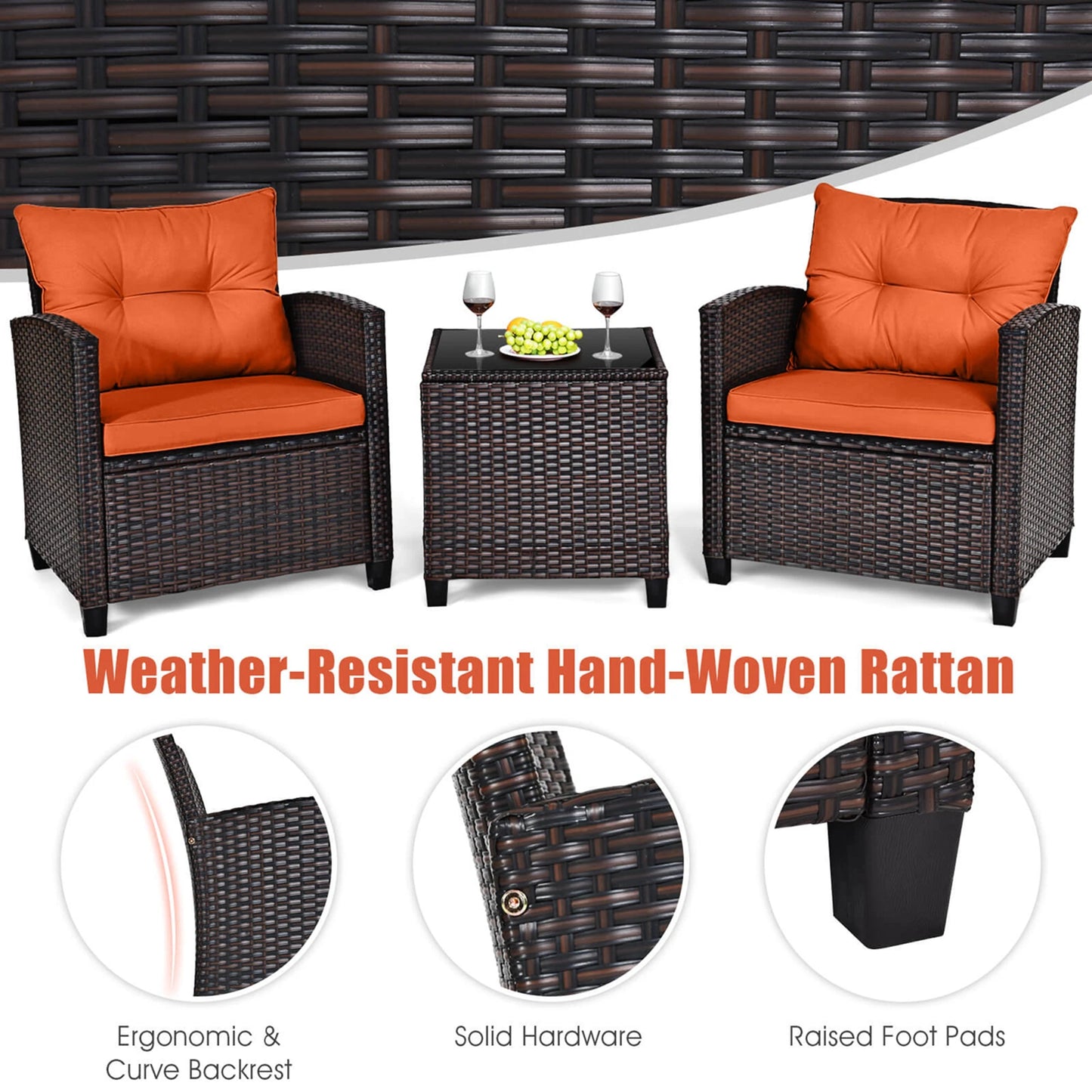 HOMASIS 3 Piece Patio Rattan Furniture Set Cushioned Conversation Set