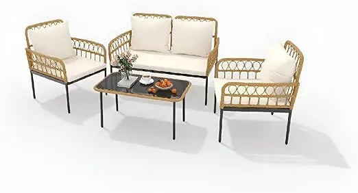 Outdoor Wicker Patio Furniture Set With Glass Table Thick Cushions