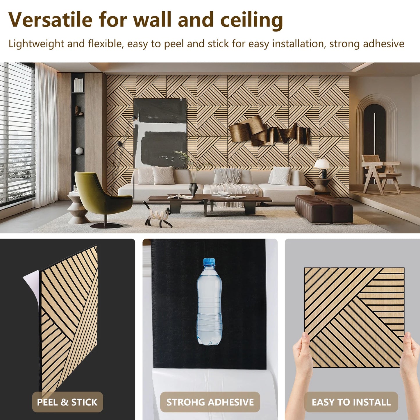Hign-concerned 4-Pack Acoustic 3D Wood Slat Wall Panels Self-Adhesive