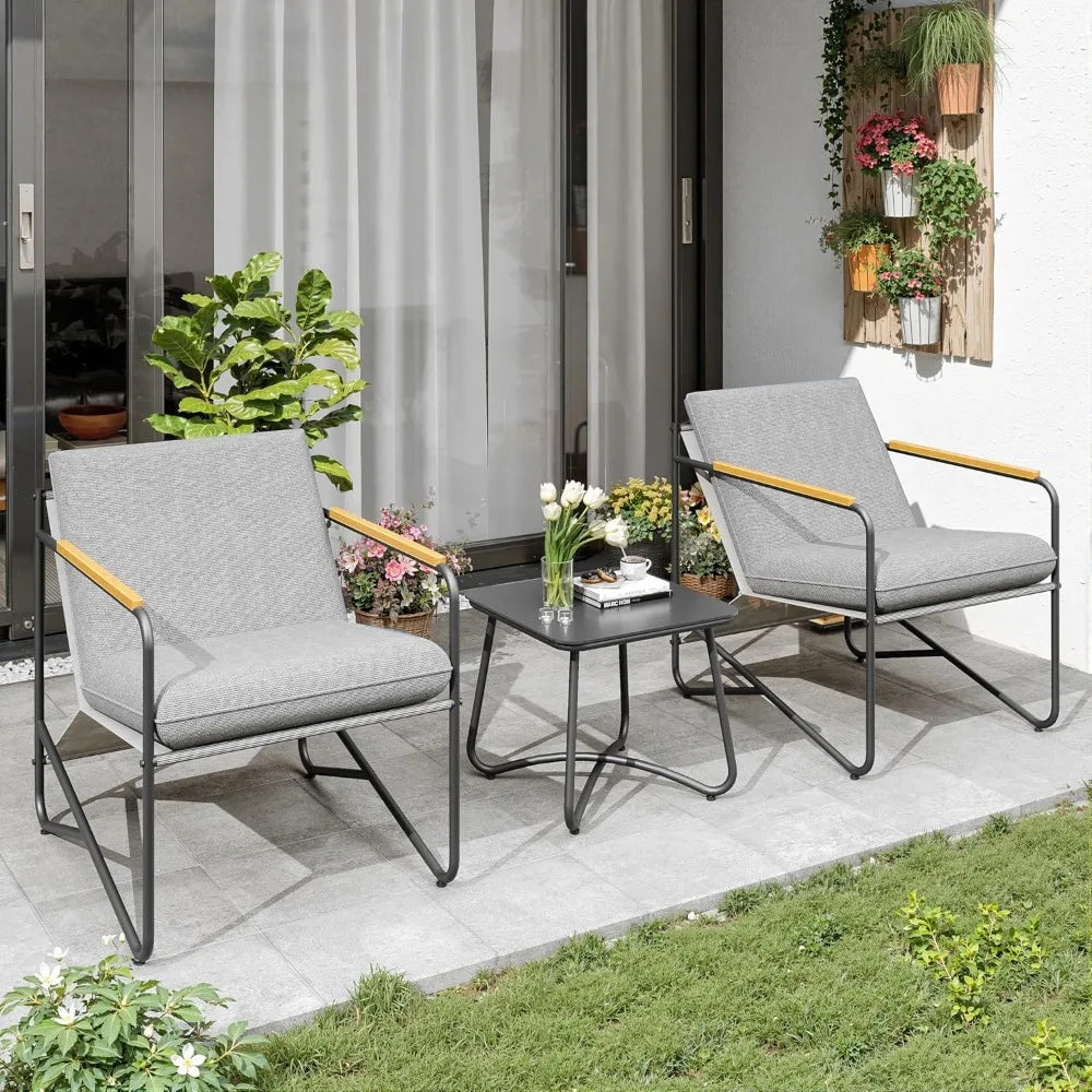Compact 3 Piece Patio Conversation Set With Glass Table Weather Resistant