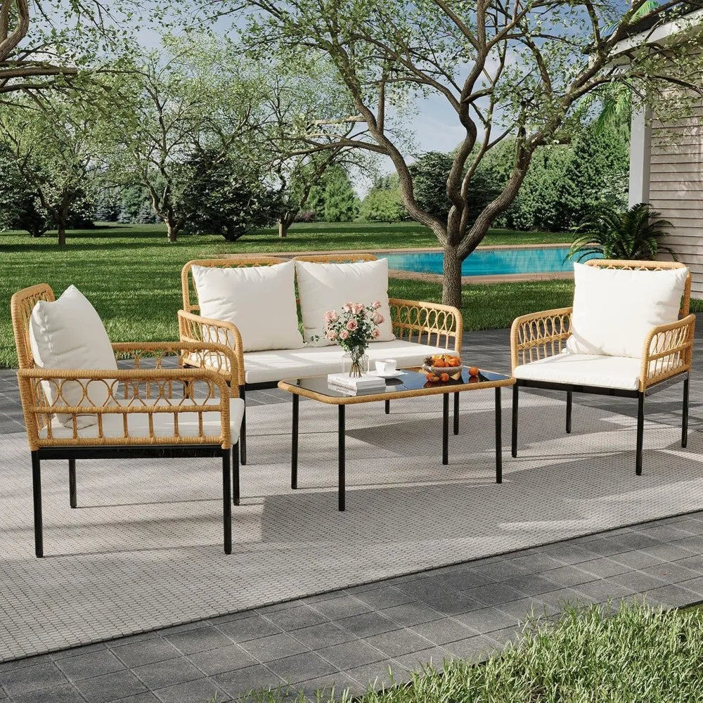 Outdoor Wicker Patio Furniture Set With Glass Table Thick Cushions