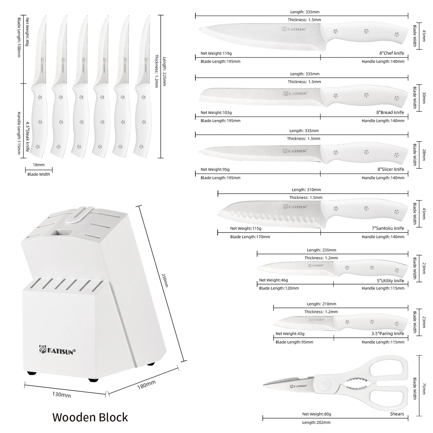 KATISUN Carbon Steel Knife Block Set Built In Sharpener