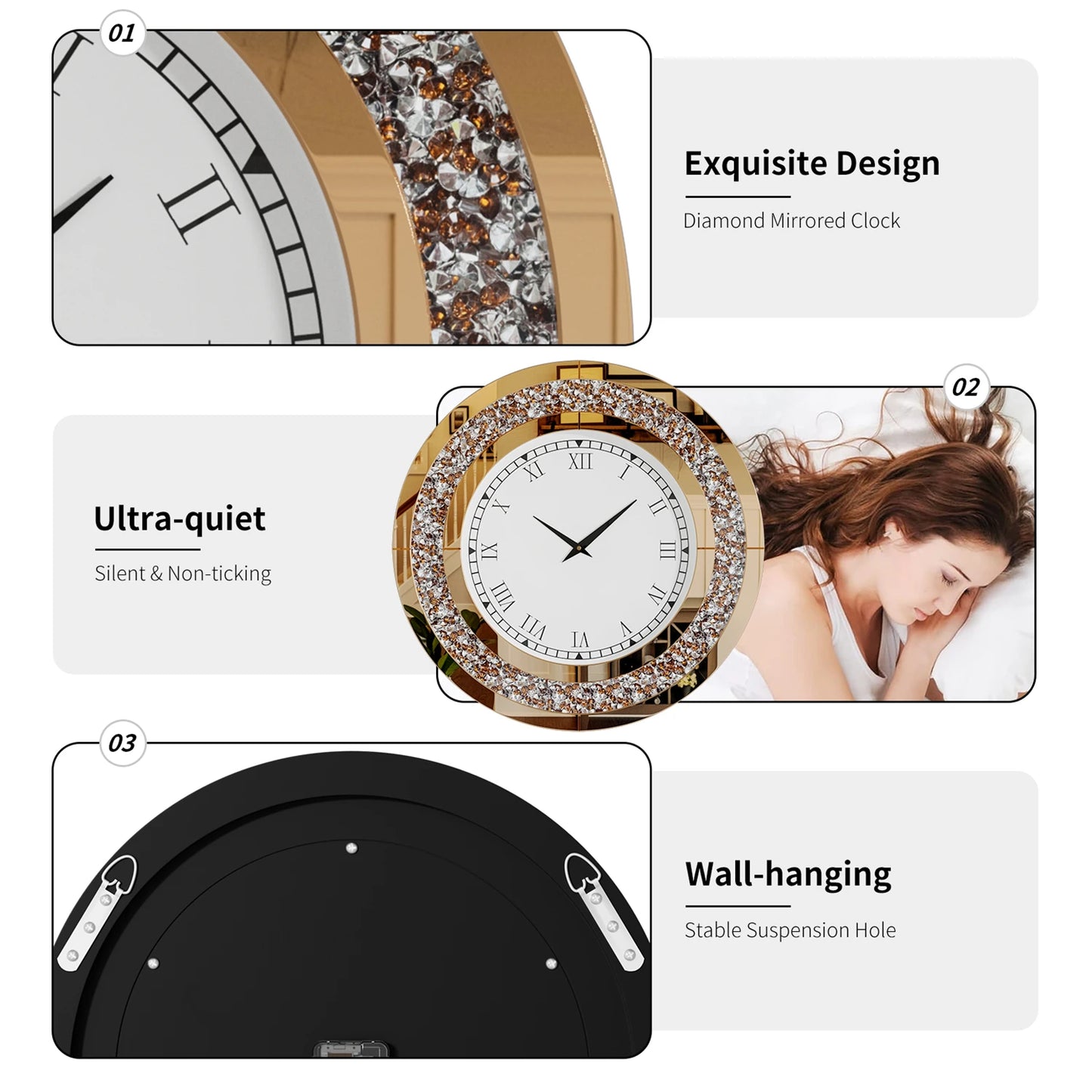 Bling Round Mirror Clock for Wall Decor and Home Ambience