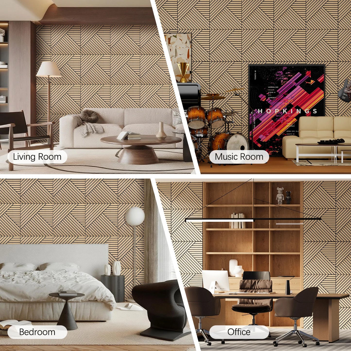 Hign-concerned 4-Pack Acoustic 3D Wood Slat Wall Panels Self-Adhesive