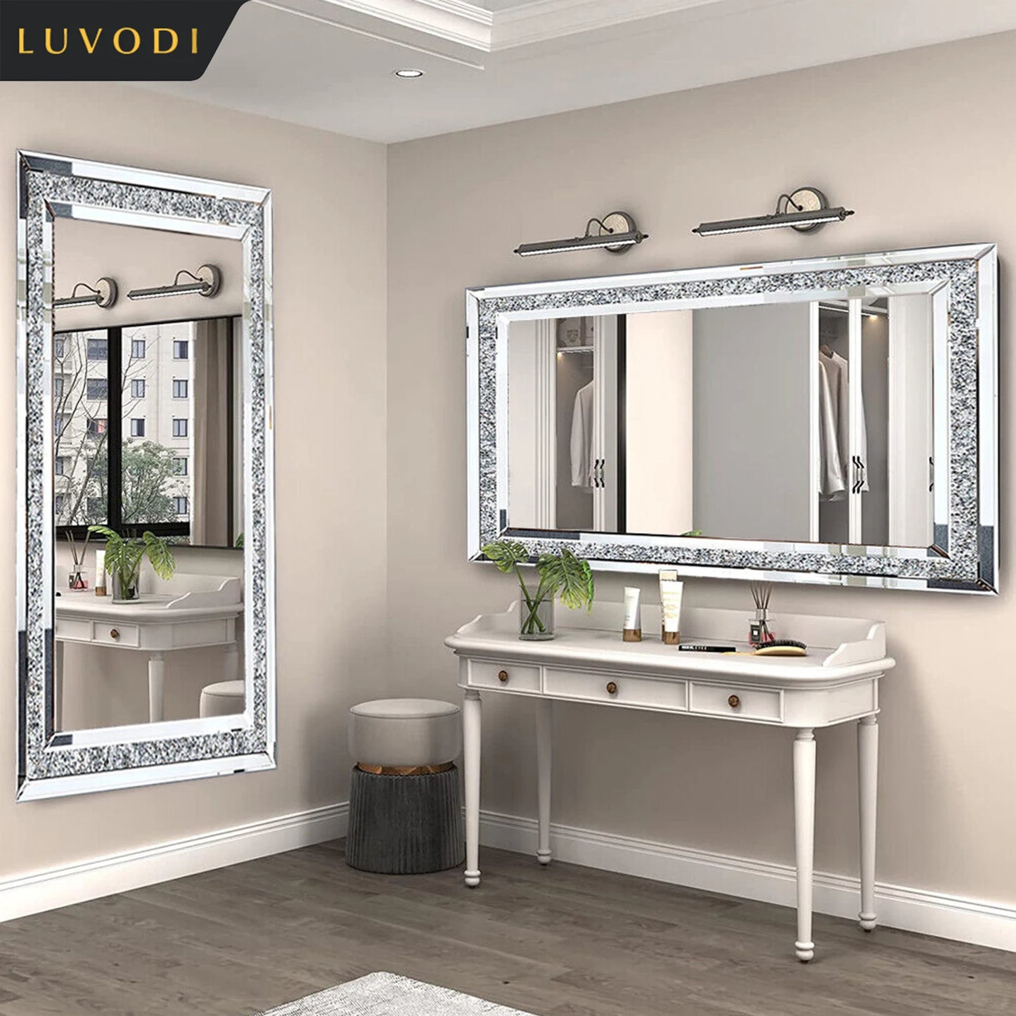 LUVODI Frameless Rhinestone Vanity Mirror For Wall Mount