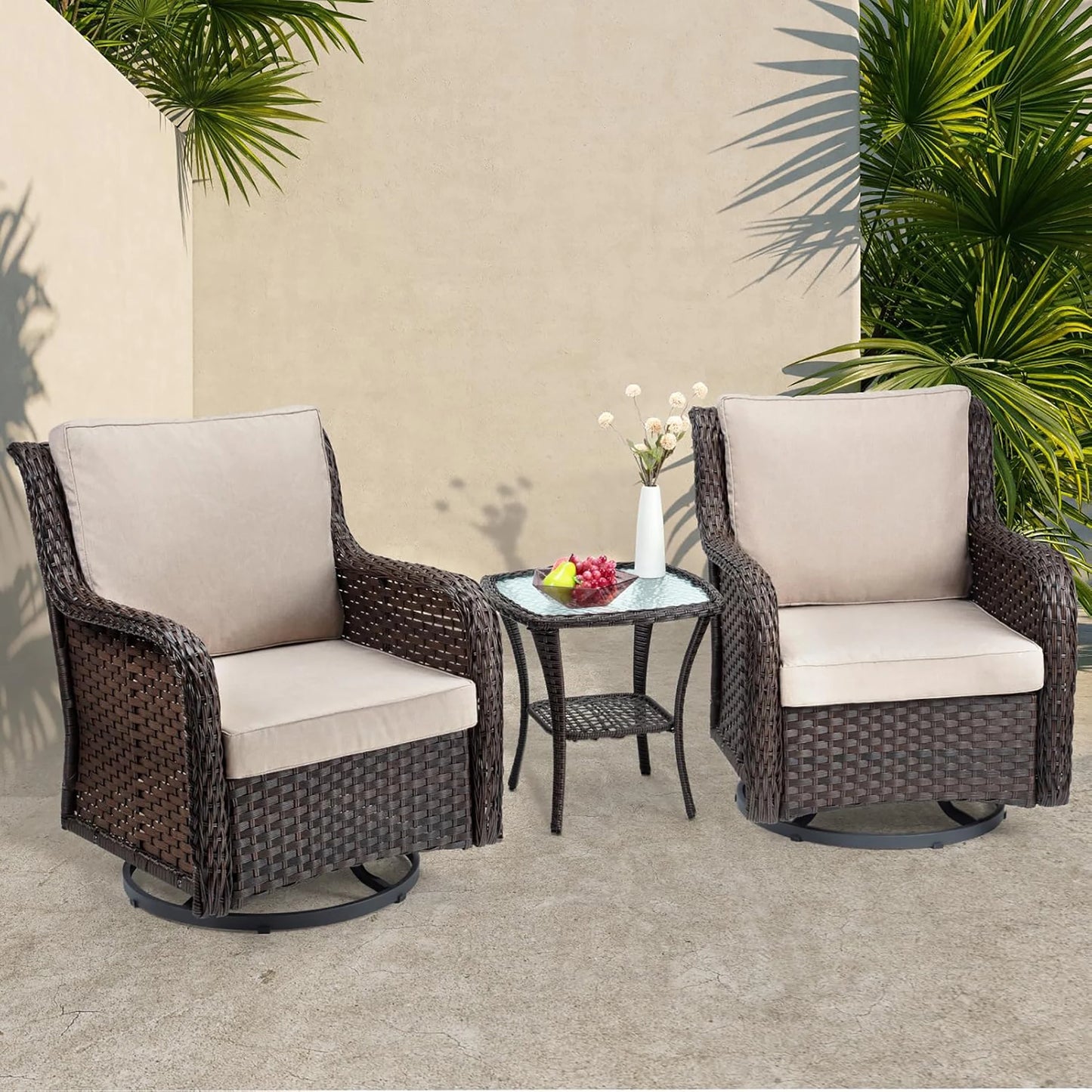 HiMISS 3-Piece Wicker Swivel Rocker Patio Set With Glass Table