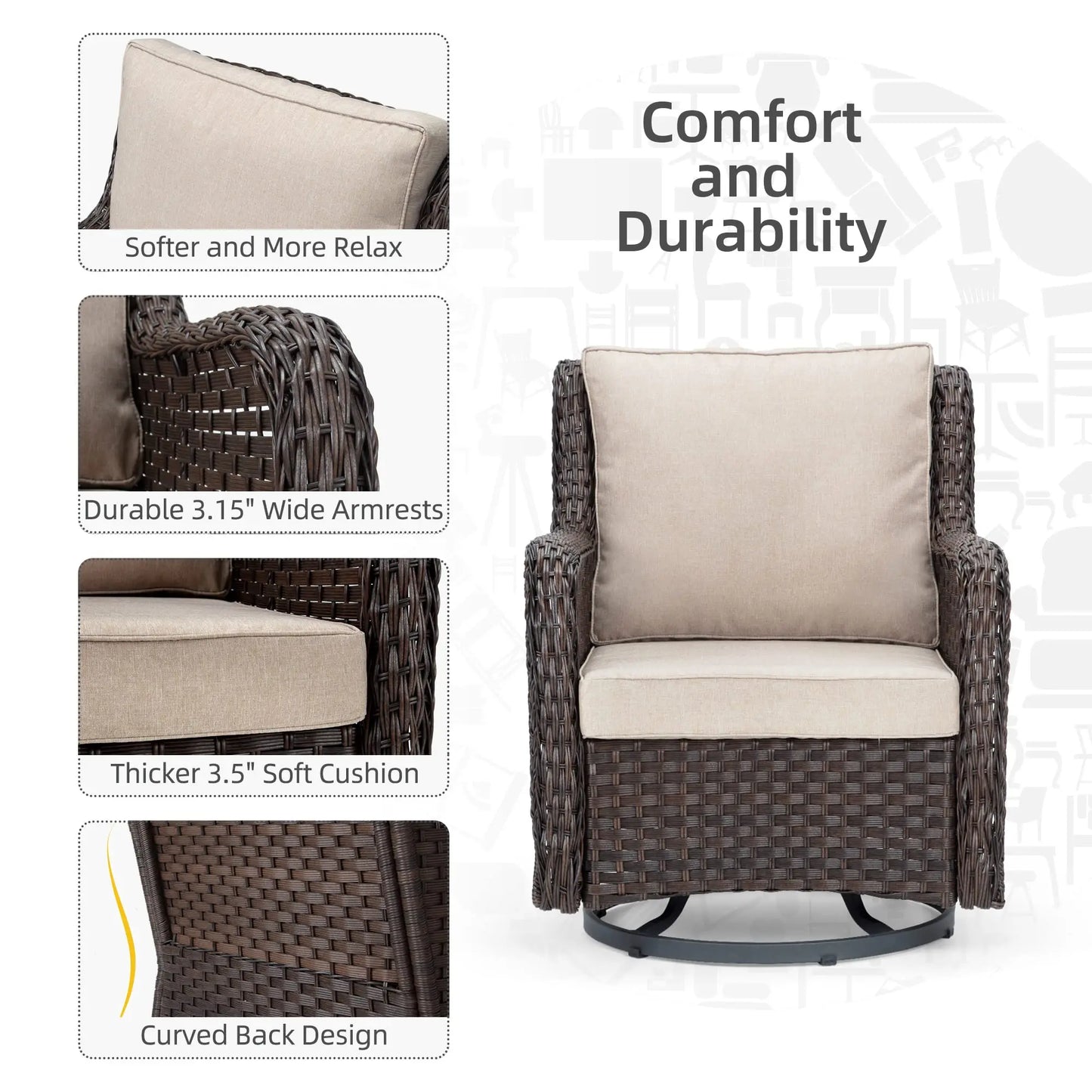 HiMISS 3-Piece Wicker Swivel Rocker Patio Set With Glass Table