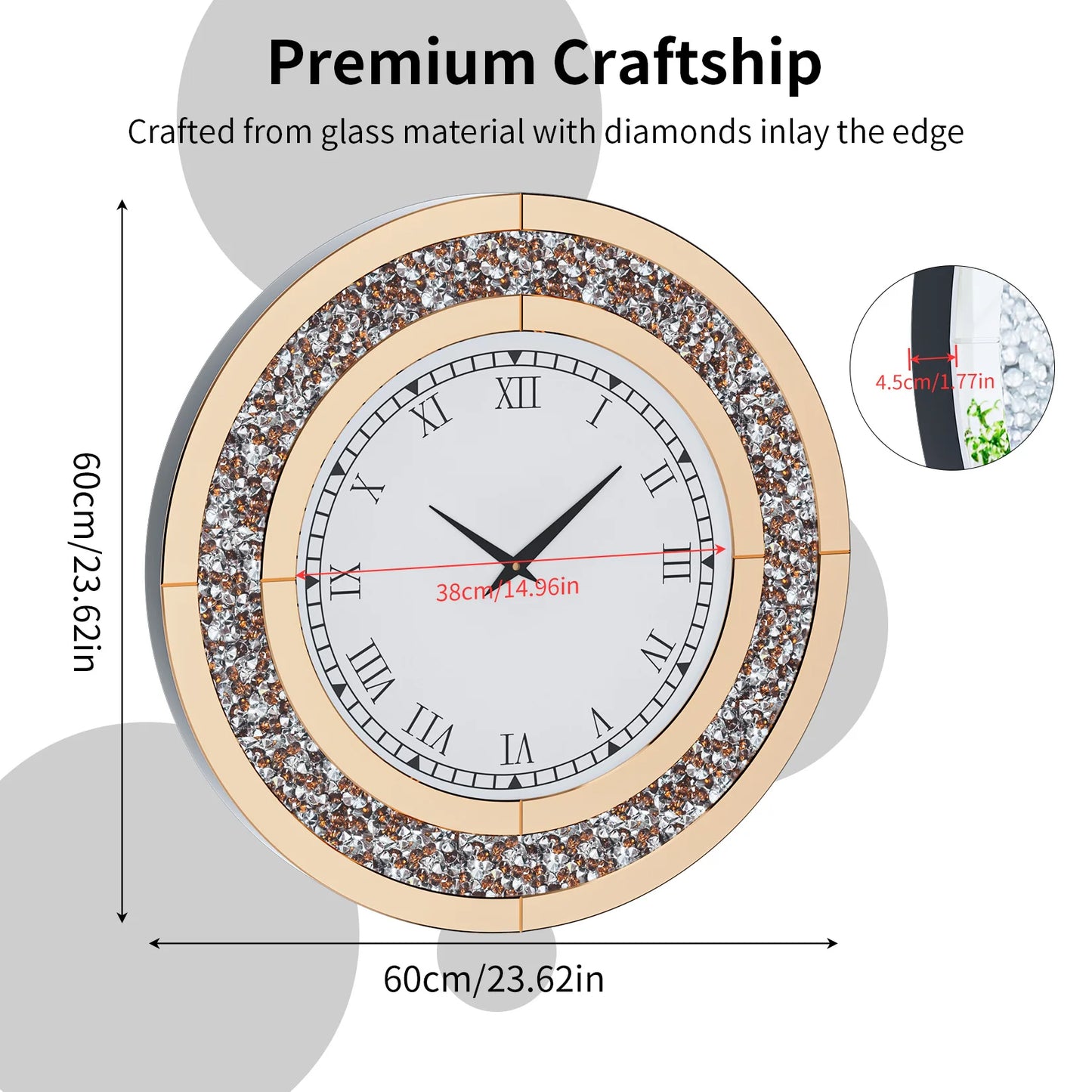 Bling Round Mirror Clock for Wall Decor and Home Ambience