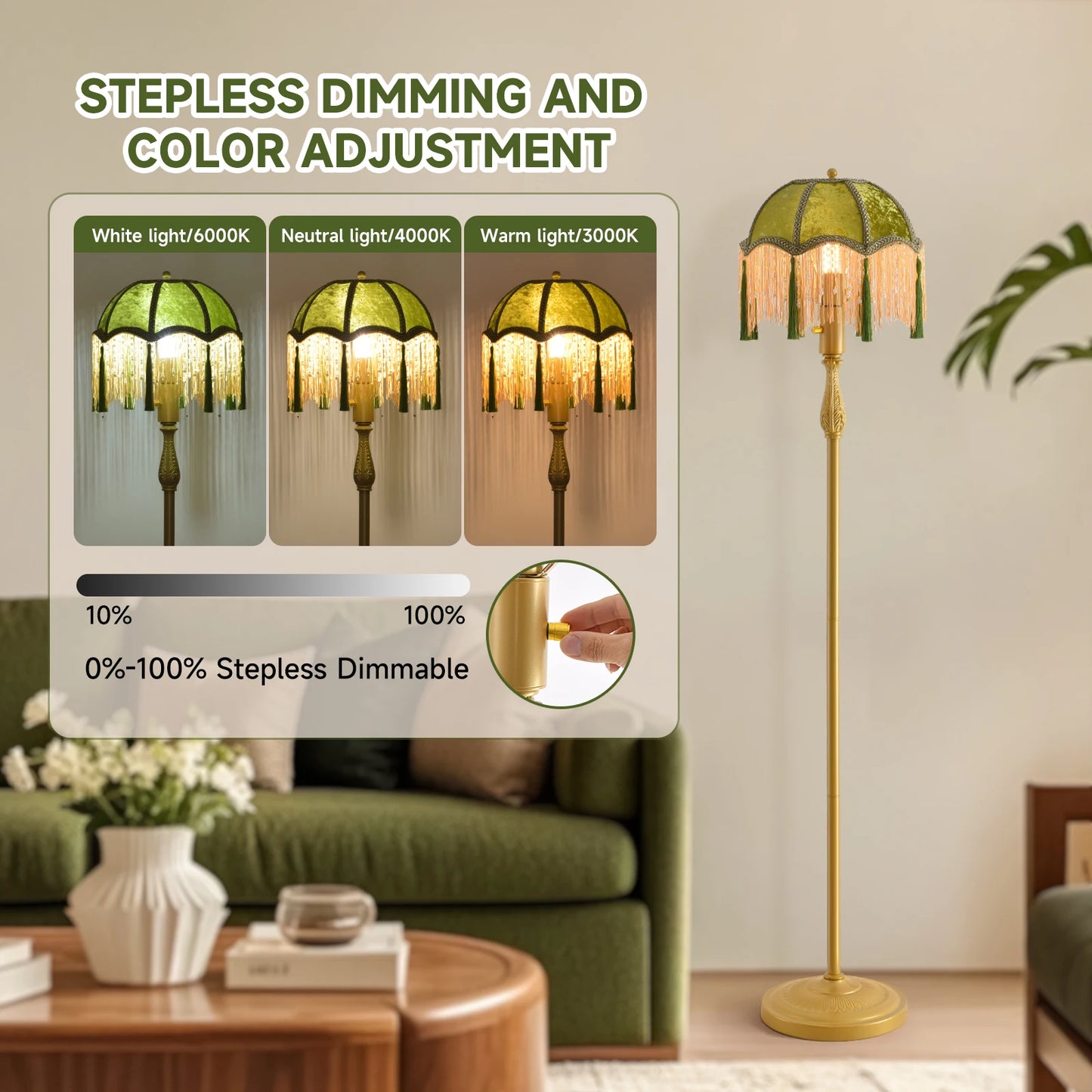 Retro Tassel Floor Lamp With Adjustable LED Night Light