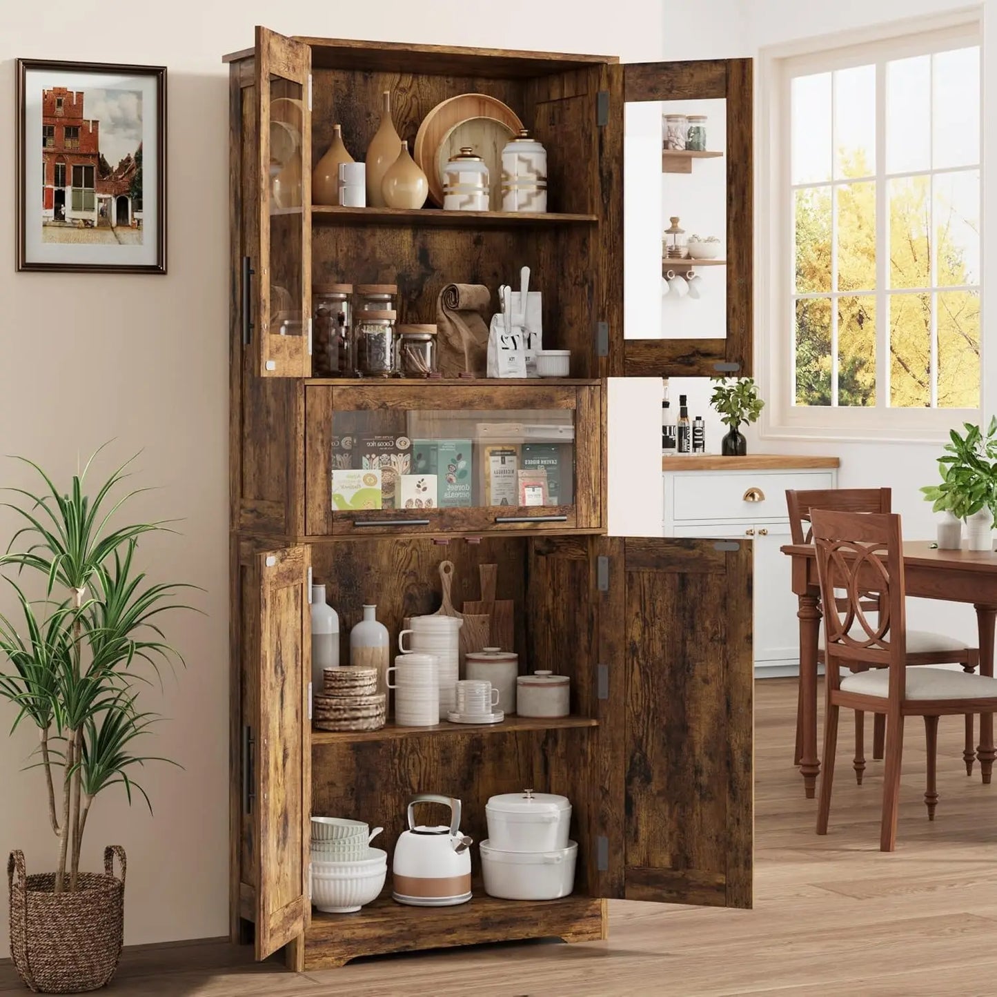 Freestanding Bathroom Cabinet With Glass Doors And Adjustable Drawers