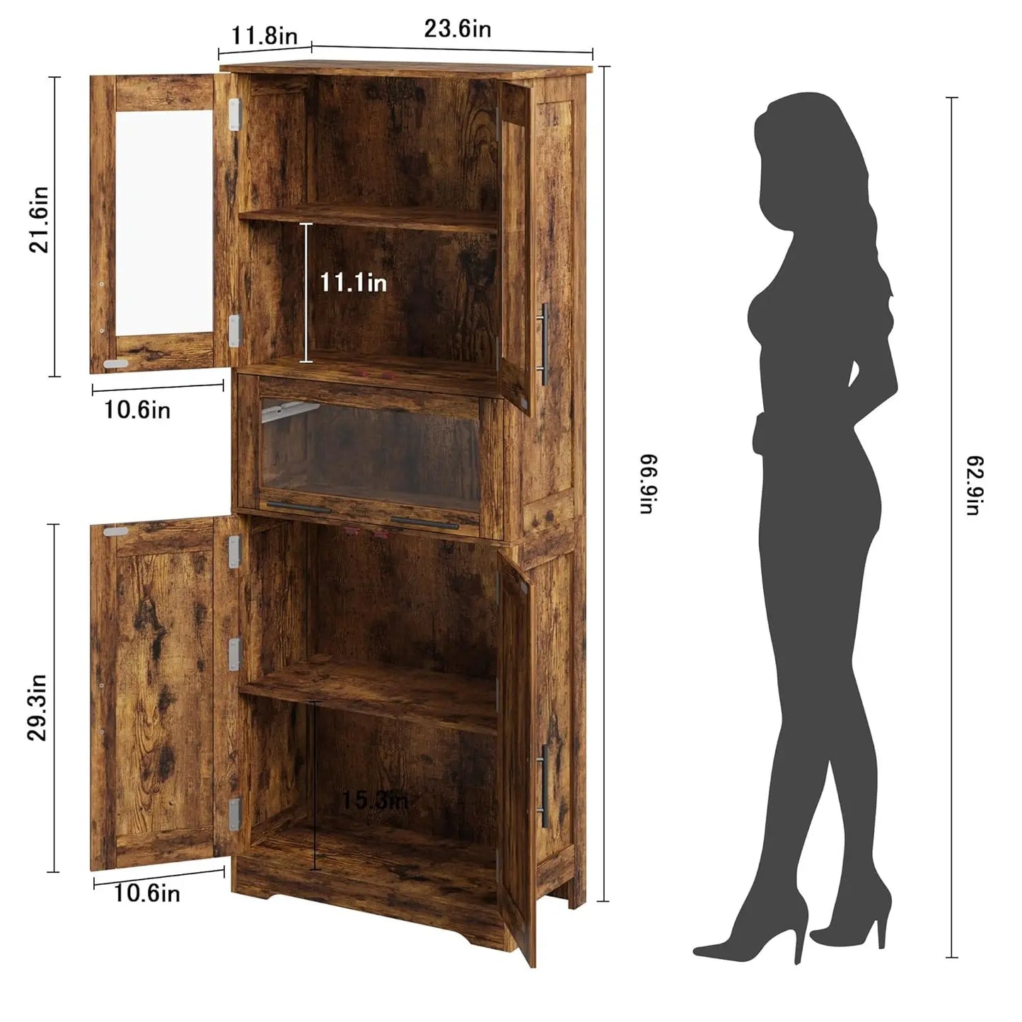 Freestanding Bathroom Cabinet With Glass Doors And Adjustable Drawers
